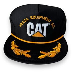 Excellent Vintage CAT Snapback Hat Black Black Gold Fraza Supply USA Made Rope
